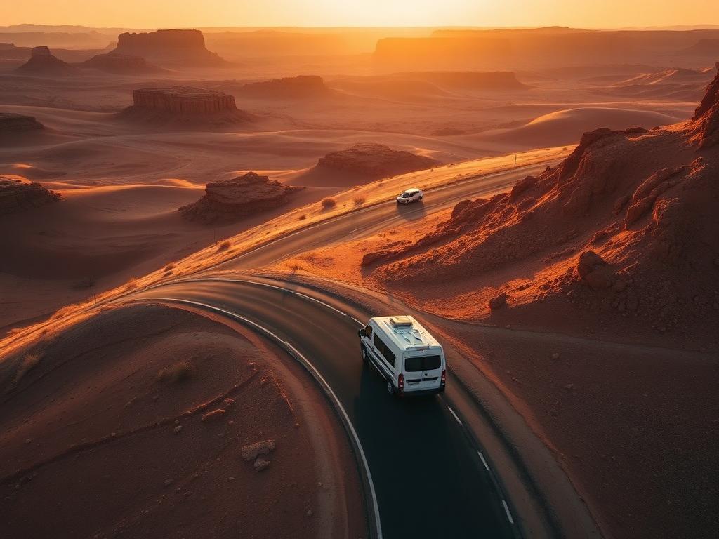 Aerial view of a campervan on a winding empty road through golden desert hills at sunset