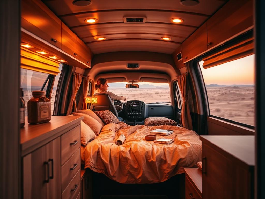 Warmly lit campervan interior with linen bedding and a desert view through the rear doors